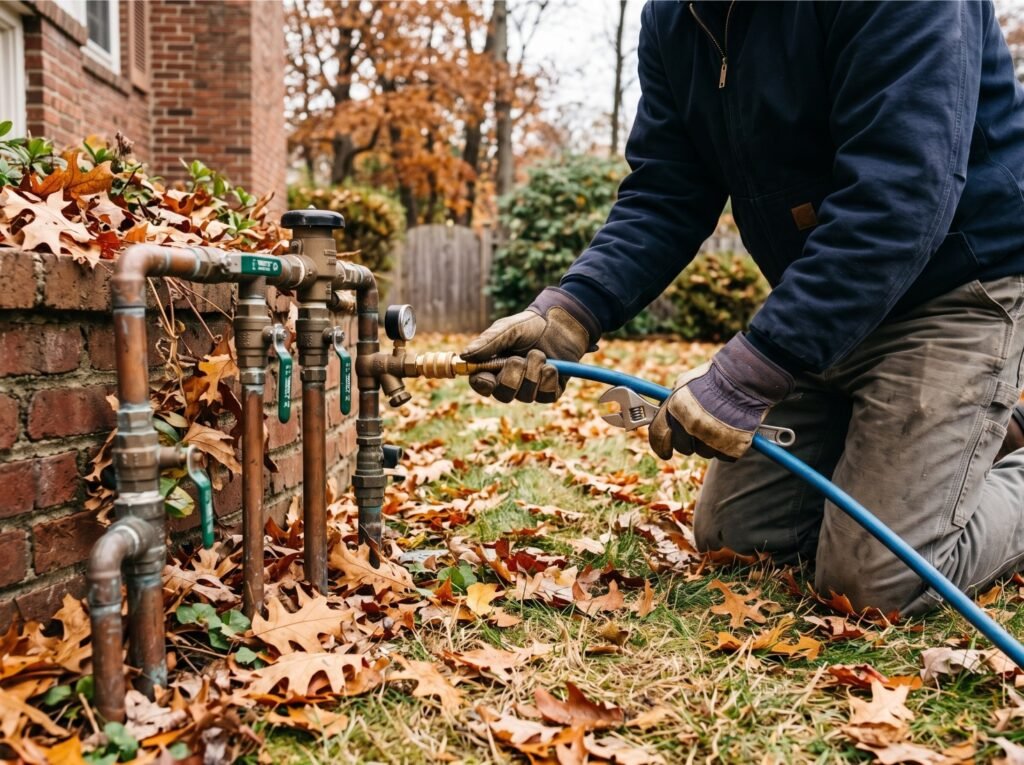 Missoula sprinkler blowout technician winterizing a sprinkler system